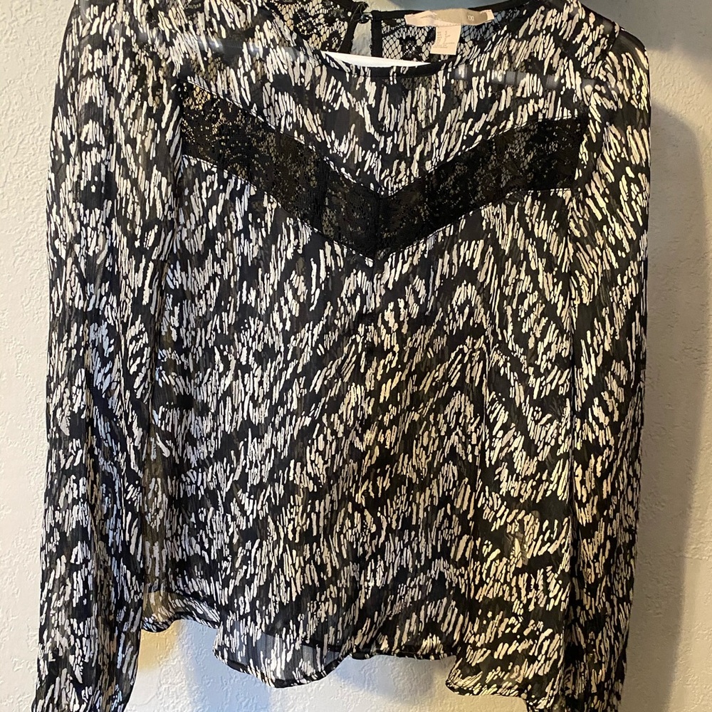 Black, white, lace detail blouse